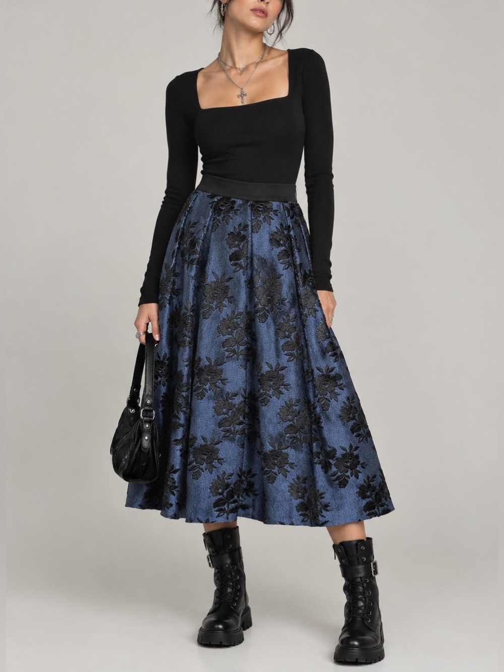 White House Black Market Blue Floral Jacquard A-Line Midi Skirt
